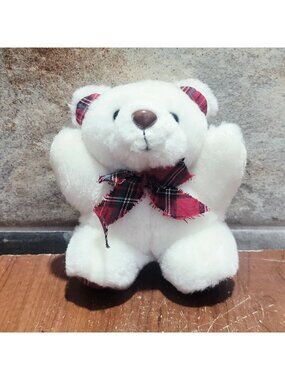 Vintage White Teddy Bear Plush Plaid Ribbon Bow Stuffed Animal
